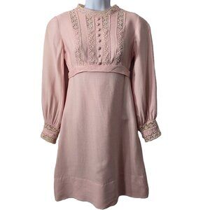 Vintage Union Mod Lace Dress S Fit Flare Mini Pink MCM GoGo 60s 70s USA ILGWU